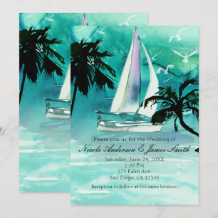 Watercolor Segelboot und Palmen Meer Einladungen
