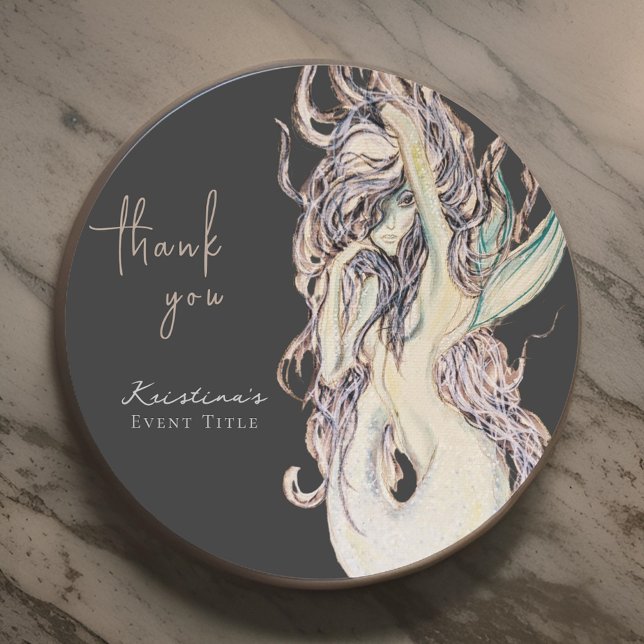 Watercolor Sexy Mermaid Black Danke Runder Aufkleber (Von Creator hochgeladen)