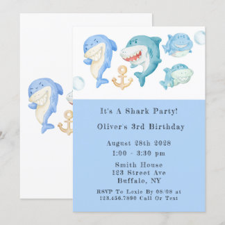 Watercolor Sharks Boy Birthday Party Einladung