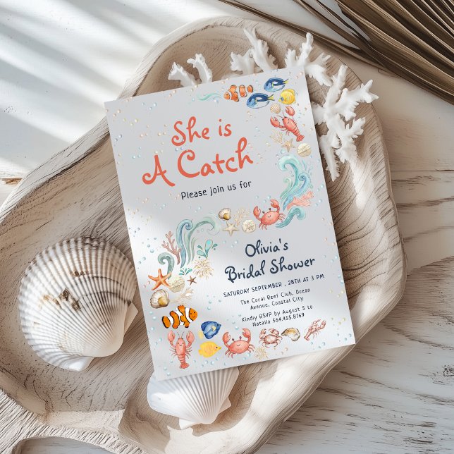 Watercolor She is Catch Ocean Theme Bridal Shower Einladung (Von Creator hochgeladen)