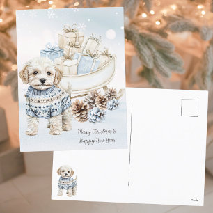 Watercolor Shih Poo Winter Blue Weihnachtskarte Feiertagspostkarte