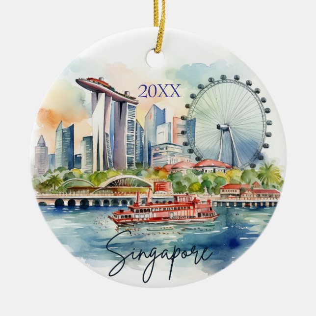 Watercolor Singapur Dated Keramik Ornament (Vorne)