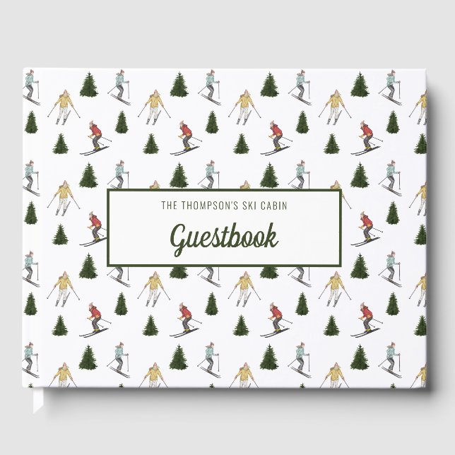Watercolor Ski Women Pattern Winter Cabin Lodge Gästebuch (Vorderseite)