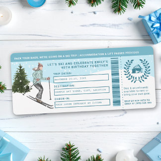 Watercolor Skier Faux Ski Trip Ticket Birthday Einladung