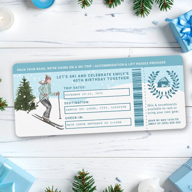 Watercolor Skier Faux Ski Trip Ticket Birthday Einladung (Von Creator hochgeladen)