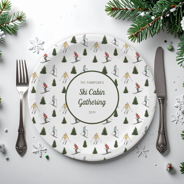 Watercolor Skiers Pattern Winter Ski Cabin Party Pappteller (Von Creator hochgeladen)