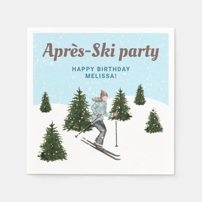Watercolor Skiing Woman Après-Ski Birthday Party Serviette (Vorderseite)