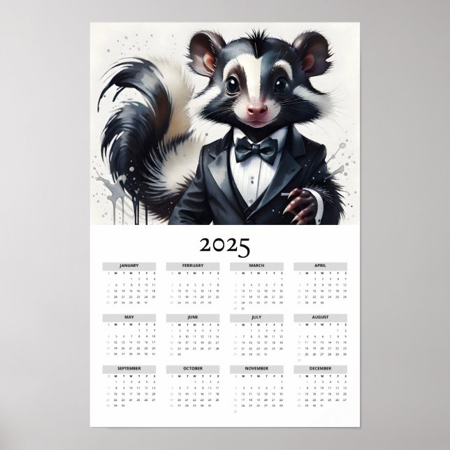 Watercolor Skunk Wearing Tuxedo 2025 Wall Calendar Poster (Vorne)