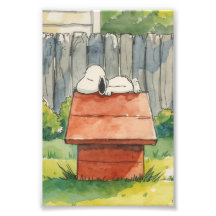 Watercolor Sleeping Dog on Red Doghouse Art