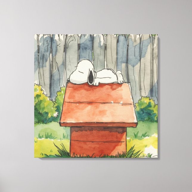 Watercolor Sleeping Dog on Red Doghouse Art Leinwanddruck (Vorderseite)