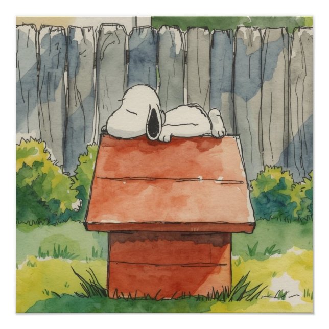 Watercolor Sleeping Dog on Red Doghouse Art Poster (Vorderseite)