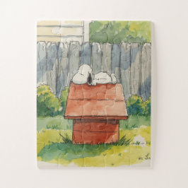 Watercolor Sleeping Dog on Red Doghouse Art Puzzle