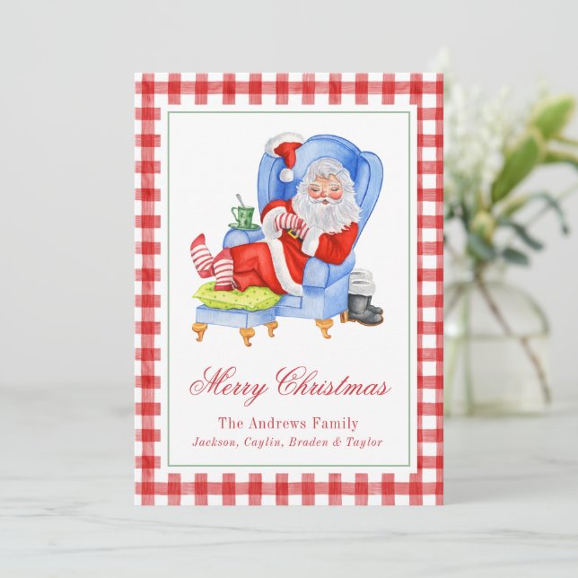 Watercolor Sleeping Santa Gingham Weihnachten (Stehend Vorderseite)