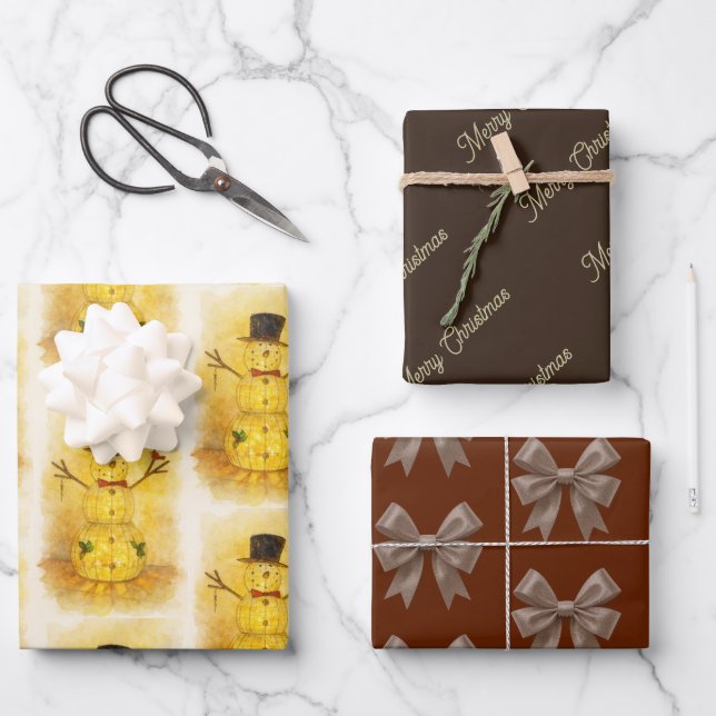 Watercolor snow man geschenkpapier set (Vorderseite)