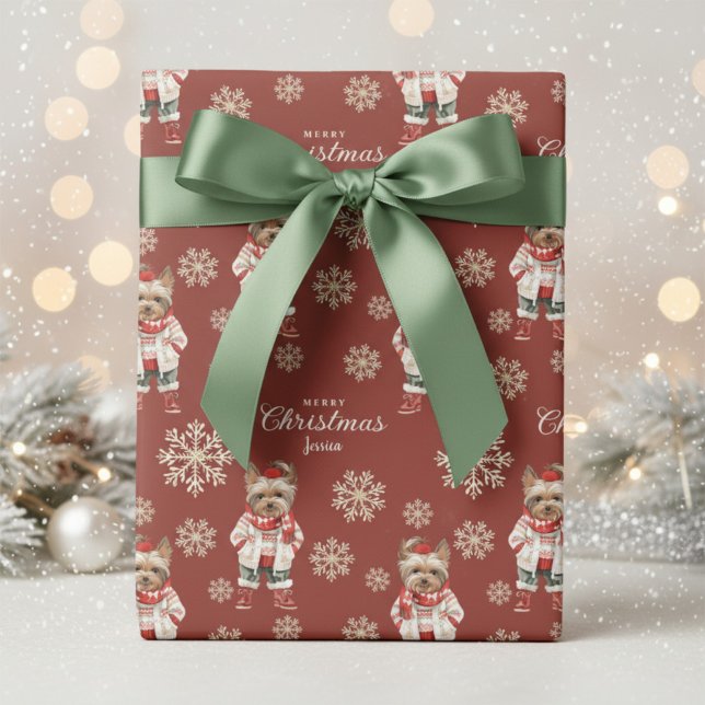 Watercolor Snowflakes Terracotta Yorkie Geschenkpapier (Von Creator hochgeladen)