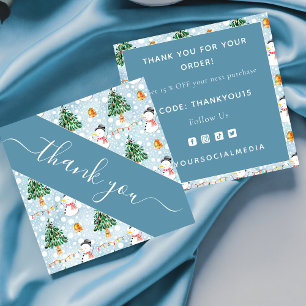 Watercolor Snowman Christmas Tree Blue Danke Quadratische Visitenkarte