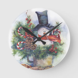 Watercolor snowman Christmas tree New Year winter Runde Wanduhr
