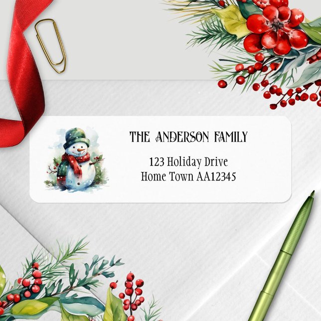 Watercolor Snowman Weihnachts-Rücksendeadresse (Christmas return address label featuring a minimalist design with a watercolor snowman)