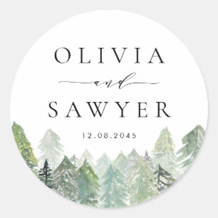 Watercolor Snowy Evergreen Woodland Winter Wedding Runder Aufkleber