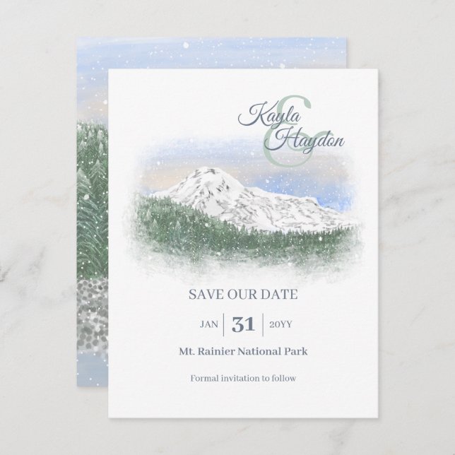 Watercolor, Snowy Mountain, Winter Wedding Einladung (Vorne/Hinten)