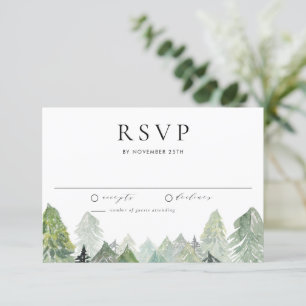 Watercolor Snowy Winter Evergreen Forest Wedding RSVP Karte
