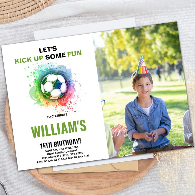 Watercolor Soccer Geburtstag Einladung mit Foto (Watercolor Soccer Birthday Invitations with photo)