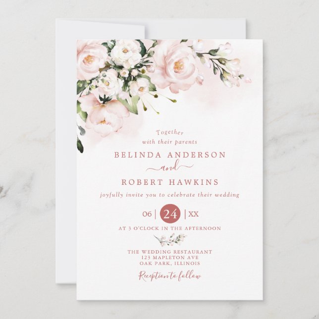 Watercolor soft blush pink floral Wedding Einladung (Vorderseite)