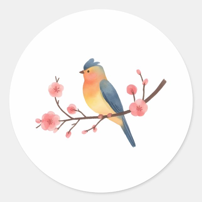 Watercolor Songbird on Pink Cherry Blossom Branch  Runder Aufkleber (Vorderseite)