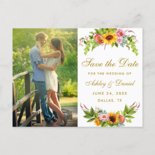 Watercolor-Sonnenblume-Blumengold Save the Date Einladungspostkarte