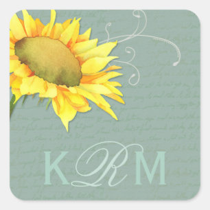Watercolor Sonnenblume Grayed Jade Wedding Quadratischer Aufkleber