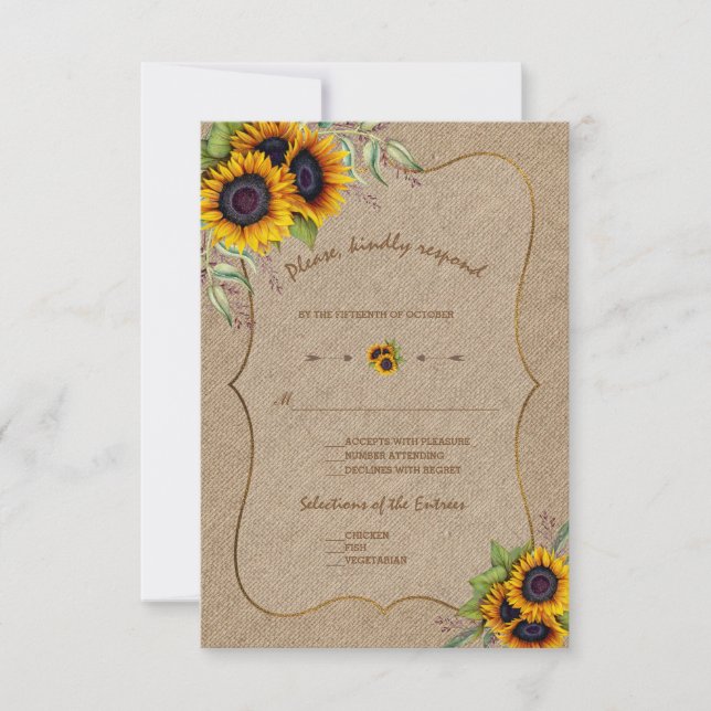 Watercolor Sonnenblumen Burlap Wedding RSVP Karte (Vorderseite)