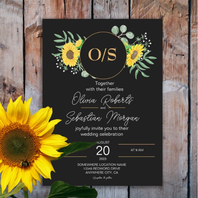 Watercolor Sonnenblumen Monogram Black Wedding Einladung (Von Creator hochgeladen)