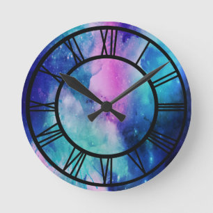 Watercolor Space Pink Blue Universe Star Nebel Runde Wanduhr