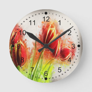 Watercolor Splatter Red Yellow Tulips Floral Runde Wanduhr