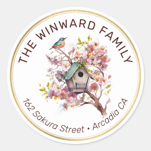 Watercolor Spring Floral Birdhouse Adresse Runder Aufkleber (Vorderseite)