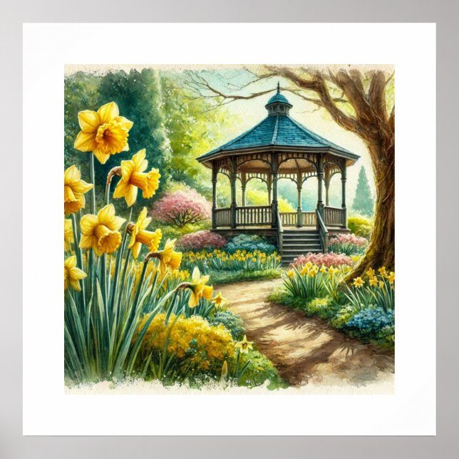 Watercolor Spring Floral Gazebo AI Art Poster (Vorne)