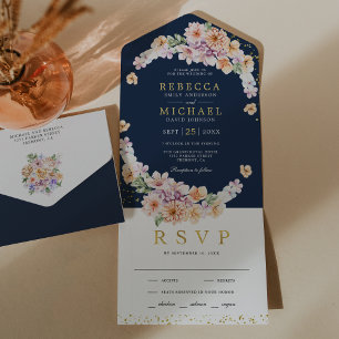 Watercolor Spring Floral Gold Navy Blue Wedding All In One Einladung
