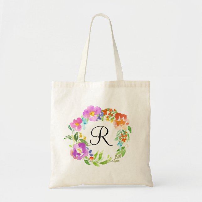 Watercolor Spring Flowers Wreath Monogram Tote Bag Tragetasche (Vorne)