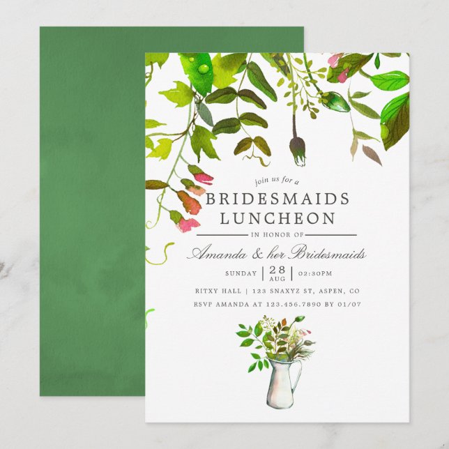 Watercolor Spring Foliage Bridesmais Luncheon Einladung (Vorne/Hinten)