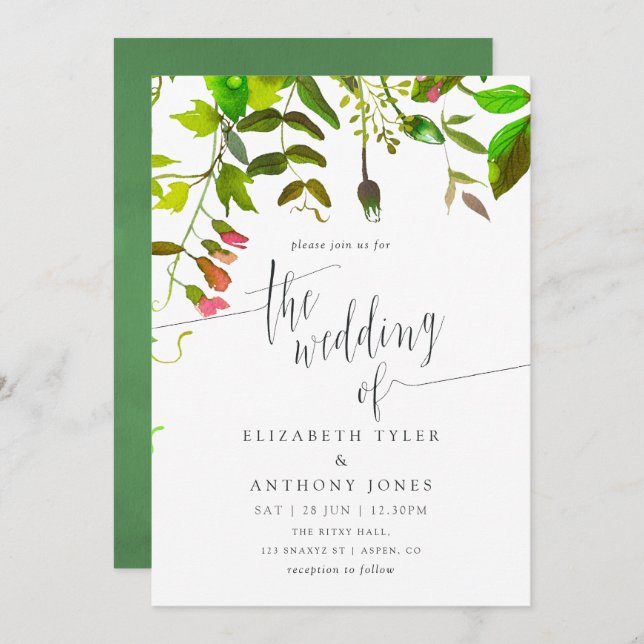 Watercolor Spring Foliage Wedding Einladung (Vorne/Hinten)