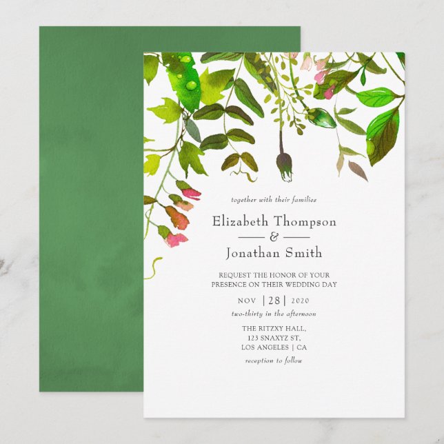 Watercolor Spring Foliage Wedding Einladung (Vorne/Hinten)