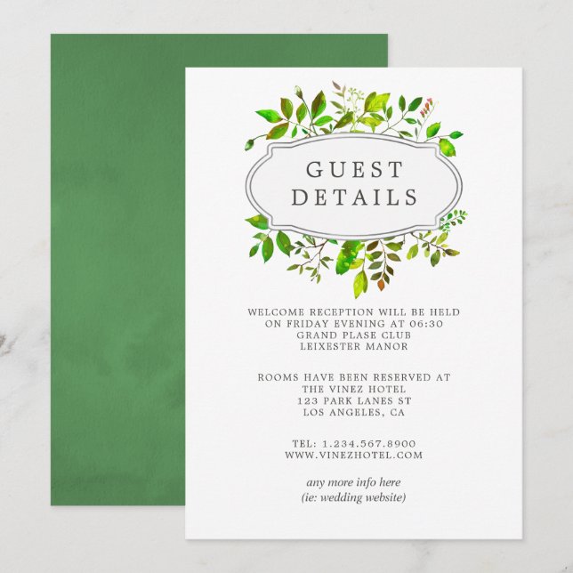Watercolor Spring Foliage Wedding Guest Details Einladung (Vorne/Hinten)