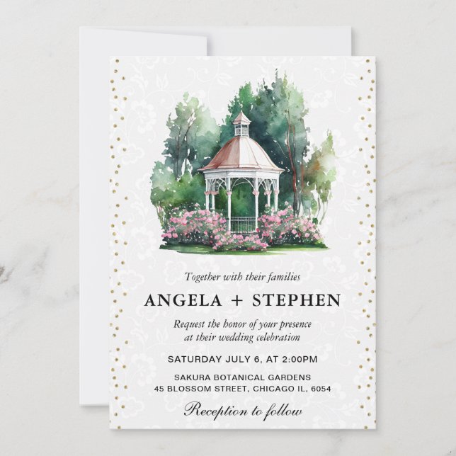 Watercolor Spring Garden Gazebo Wedding Einladung (Vorderseite)