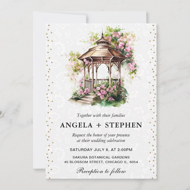 Watercolor Spring Garden Gazebo Wedding Einladung (Vorderseite)