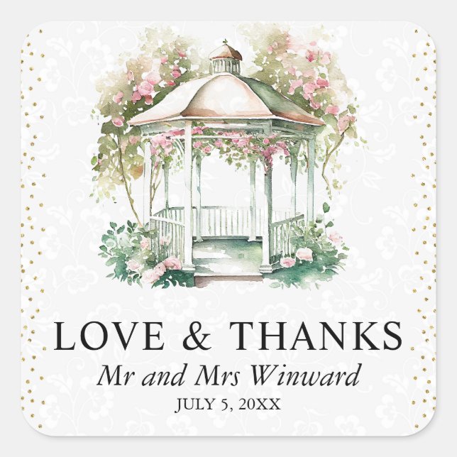 Watercolor Spring Garden Gazebo Wedding Quadratischer Aufkleber (Vorderseite)