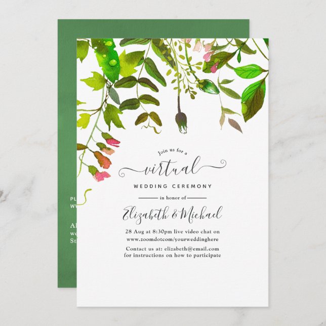 Watercolor Spring Greenery Online Virtual Wedding Einladung (Vorne/Hinten)