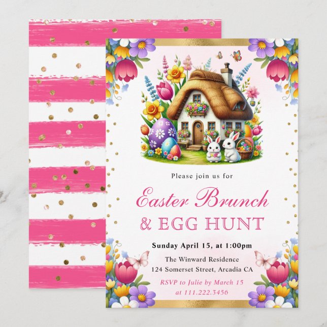 Watercolor Spring Rabbits House Osterbrunch Einladung (Vorne/Hinten)