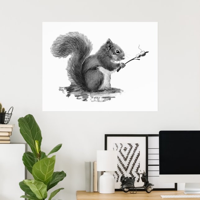 Watercolor Squirrel Toasting Marshmallow Animal  Poster (Heimbüro)