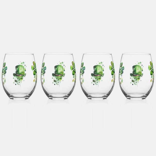 ☘️ Watercolor St. Patrick's Day Clovers & Hat Weinglas Ohne Stiel (Vorderseite)
