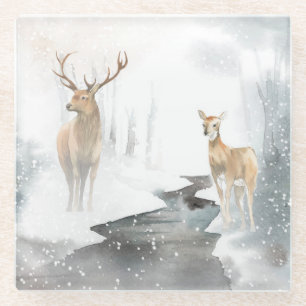 Watercolor Stag und Deer Winter Wonderland Glasuntersetzer